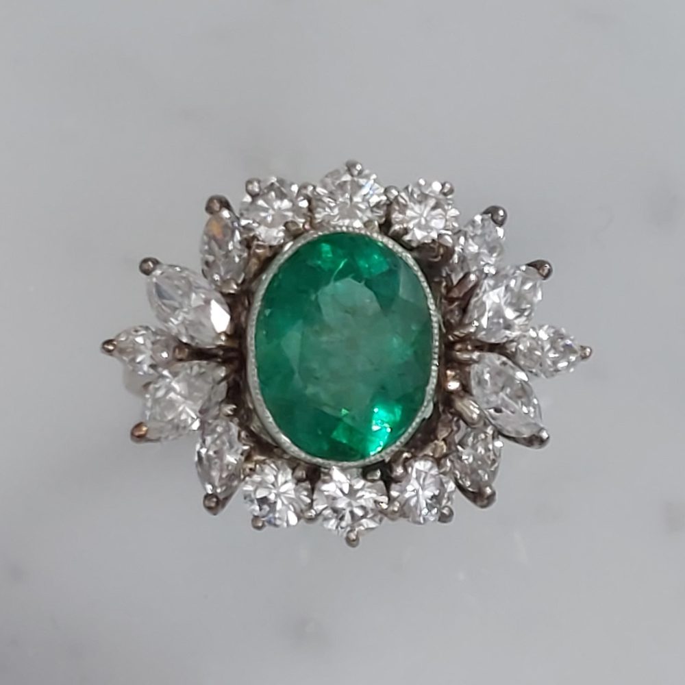 Vintage 2ct Emerald and Diamond Fancy Cluster Ring