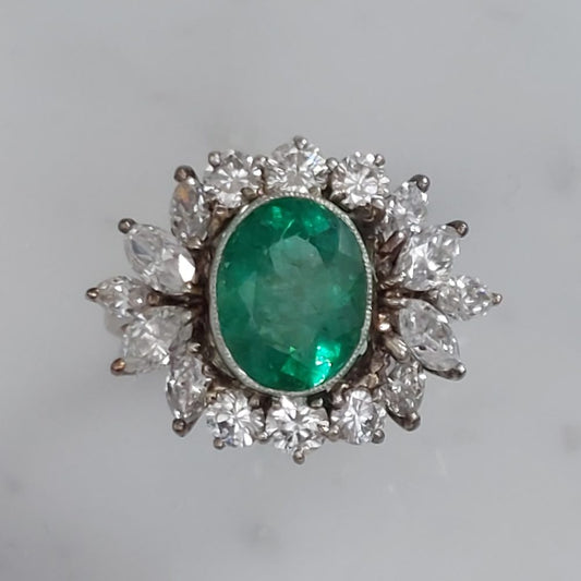 Vintage 2ct Emerald and Diamond Fancy Cluster Ring
