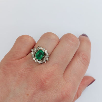 Vintage 2ct Emerald and Diamond Fancy Cluster Ring