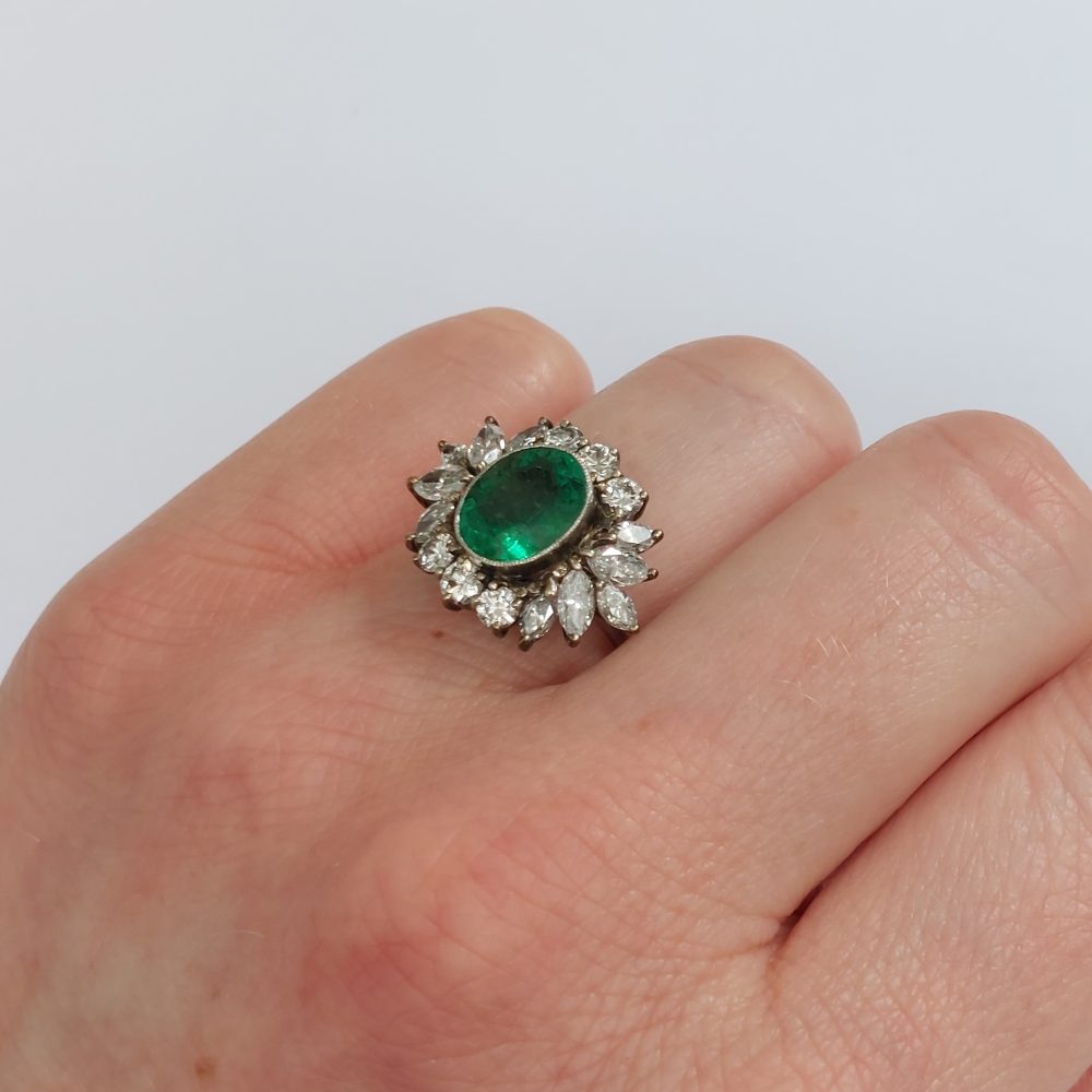 Vintage 2ct Emerald and Diamond Fancy Cluster Ring