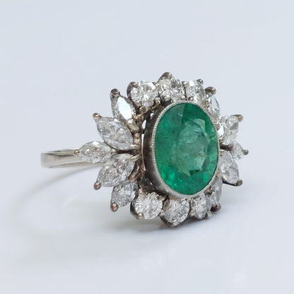 Vintage 2ct Emerald and Diamond Fancy Cluster Ring