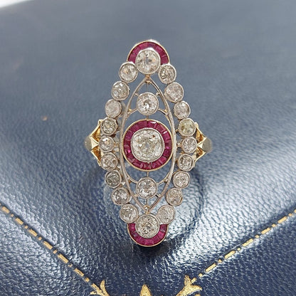 Vintage 2ct Old Cut Diamond and Ruby Plaque Ring