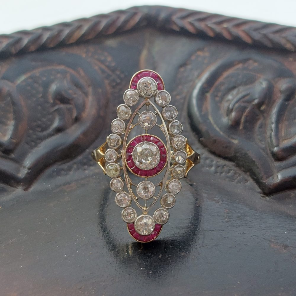 Vintage 2ct Old Cut Diamond and Ruby Plaque Ring