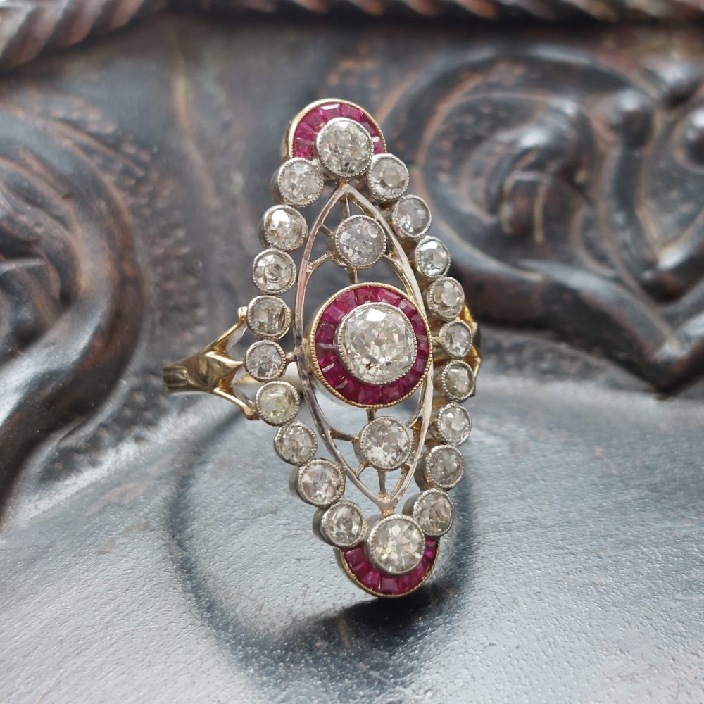 Vintage 2ct Old Cut Diamond and Ruby Plaque Ring