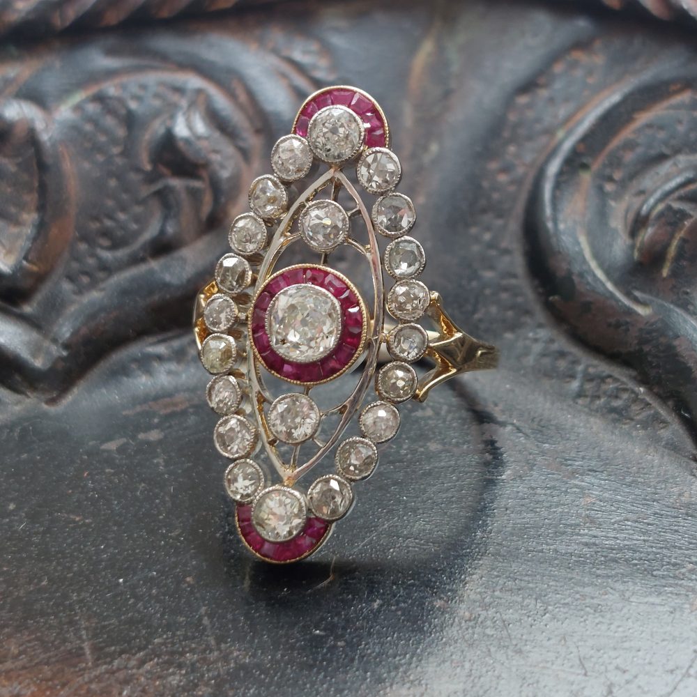 Vintage 2ct Old Cut Diamond and Ruby Plaque Ring