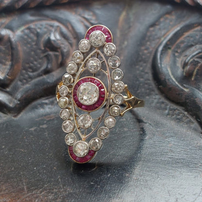 Vintage 2ct Old Cut Diamond and Ruby Plaque Ring