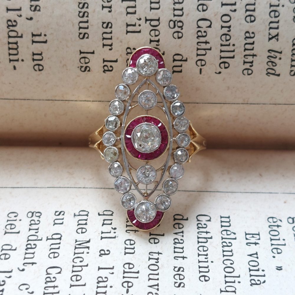Vintage 2ct Old Cut Diamond and Ruby Plaque Ring