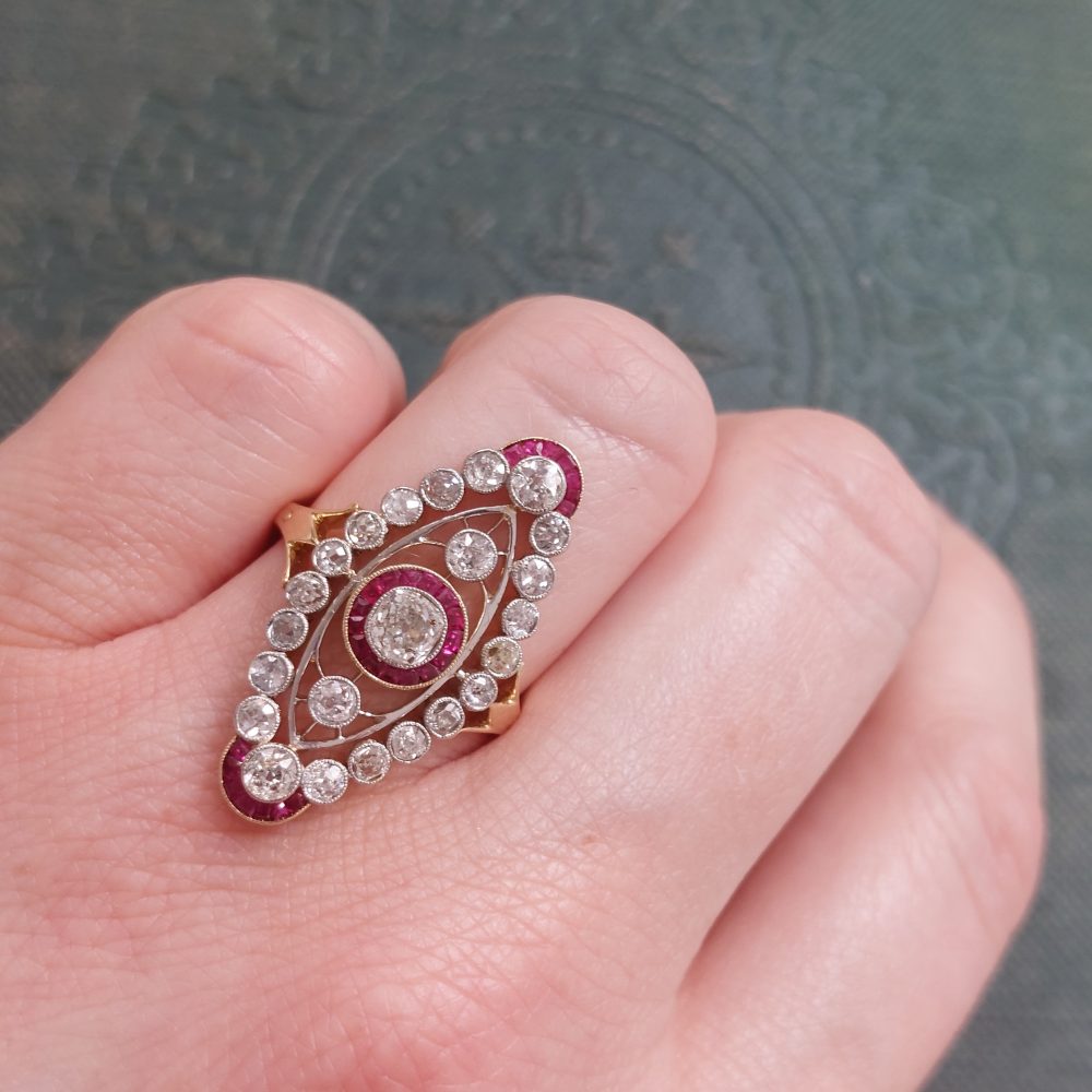 Vintage 2ct Old Cut Diamond and Ruby Plaque Ring
