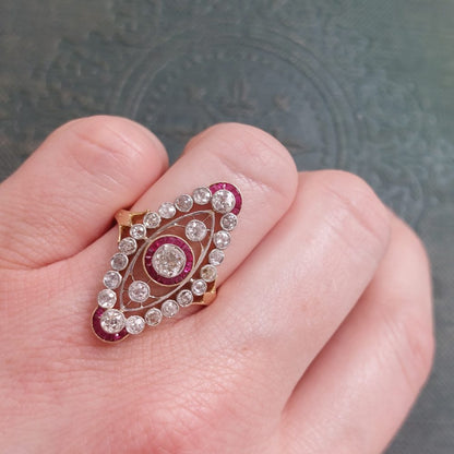 Vintage 2ct Old Cut Diamond and Ruby Plaque Ring