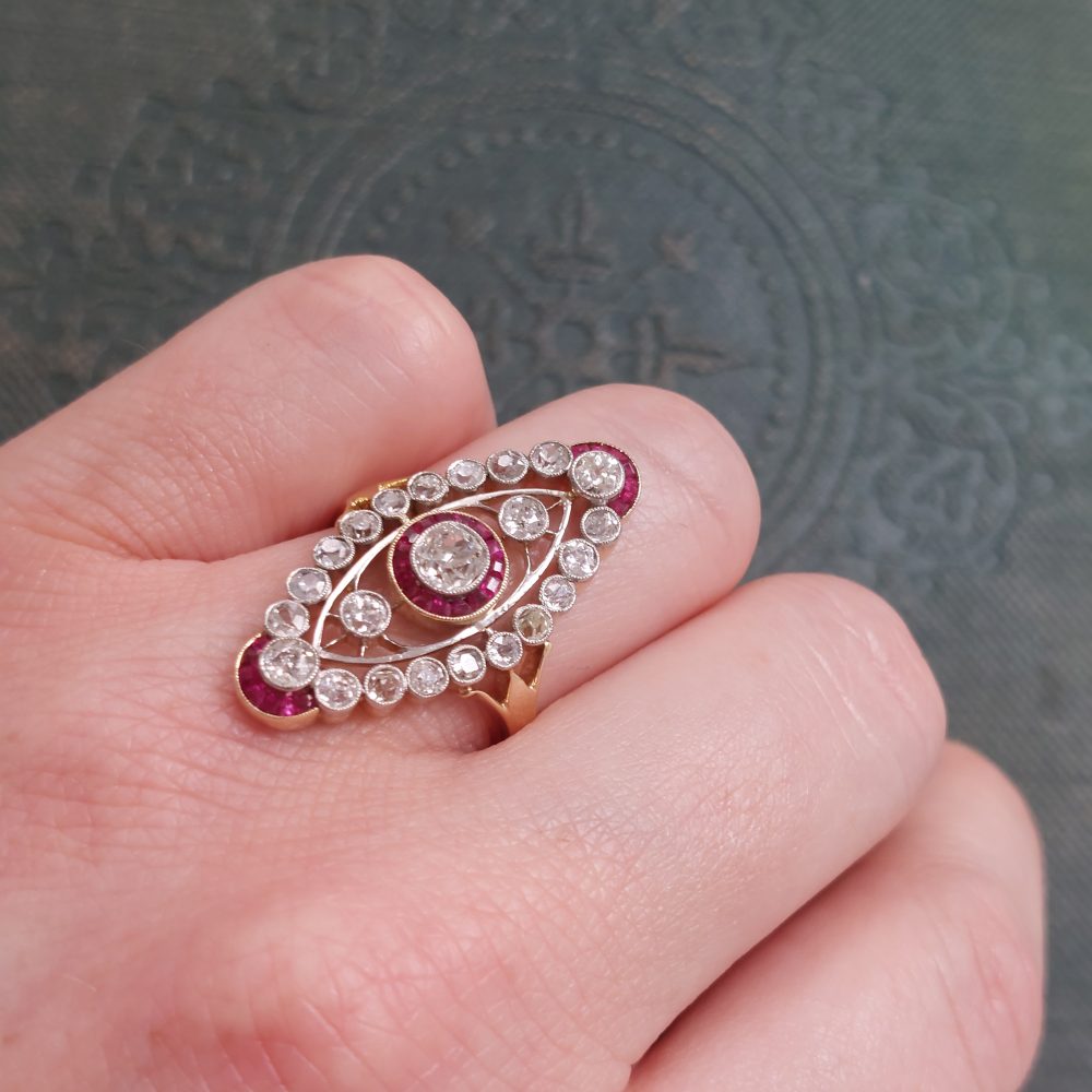 Vintage 2ct Old Cut Diamond and Ruby Plaque Ring