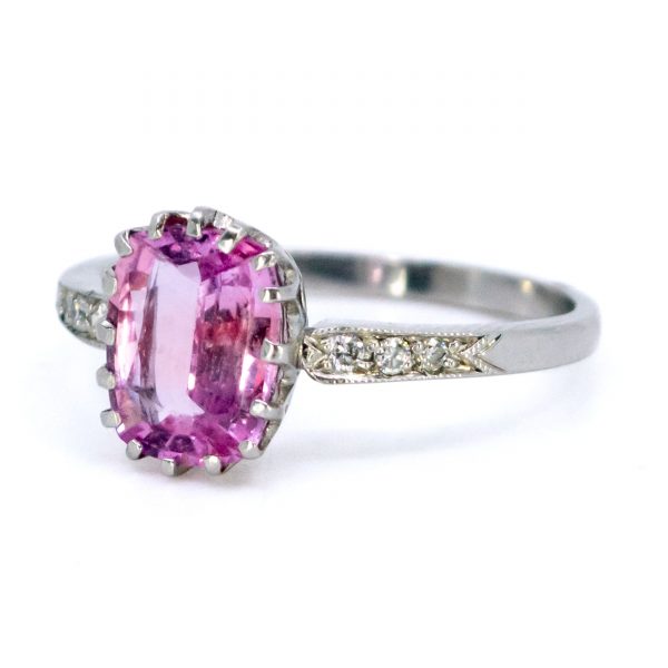 Vintage 2ct Pink Sapphire and Diamond Platinum Ring