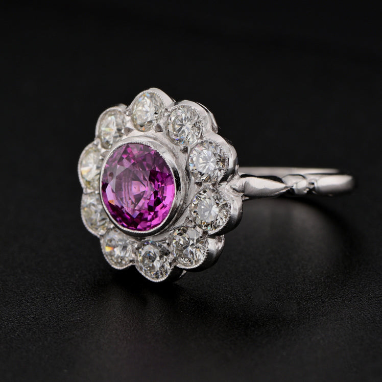 Vintage 2ct Natural Pink Sapphire and Diamond Cluster Ring
