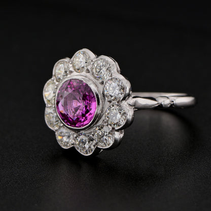 Vintage 2ct Natural Pink Sapphire and Diamond Cluster Ring