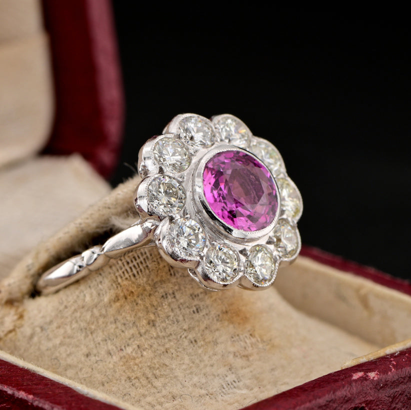 Vintage 2ct Natural Pink Sapphire and Diamond Cluster Ring
