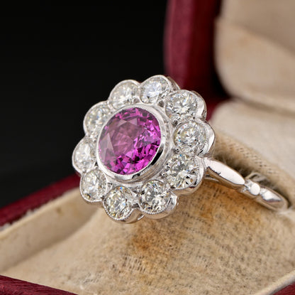 Vintage 2ct Natural Pink Sapphire and Diamond Cluster Ring