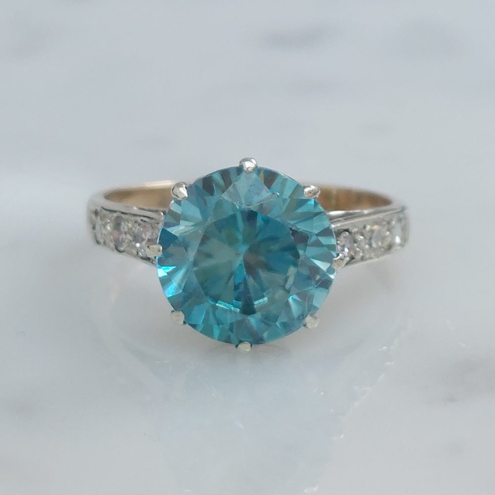 Vintage 3.75ct Blue Zircon and Diamond Set Ring