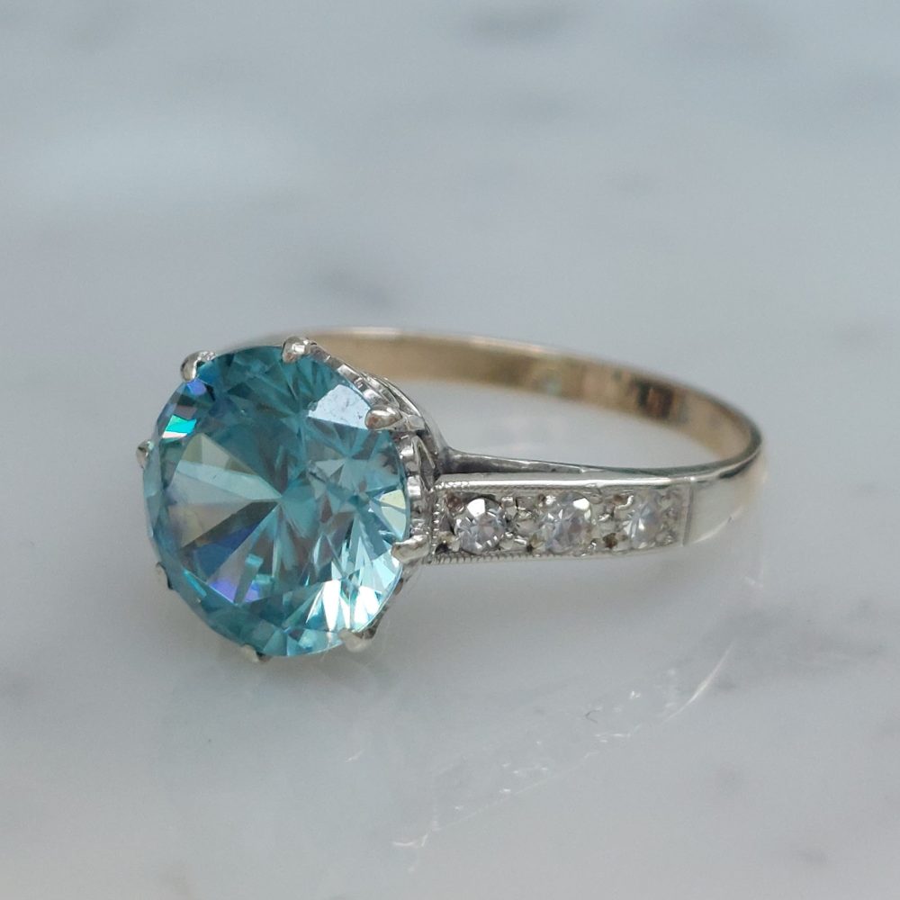 Vintage 3.75ct Blue Zircon and Diamond Set Ring