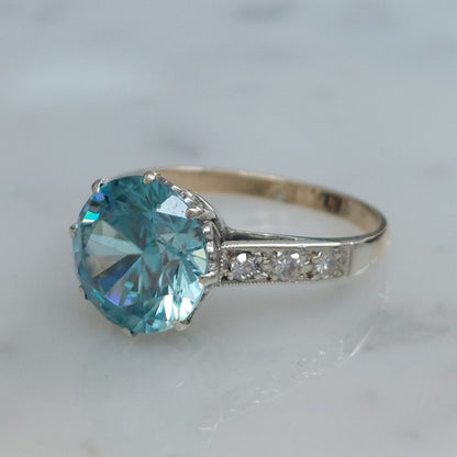 Vintage 3.75ct Blue Zircon and Diamond Set Ring