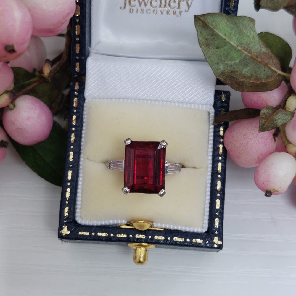 Vintage 3ct Emerald Cut Rubellite Solitaire Ring