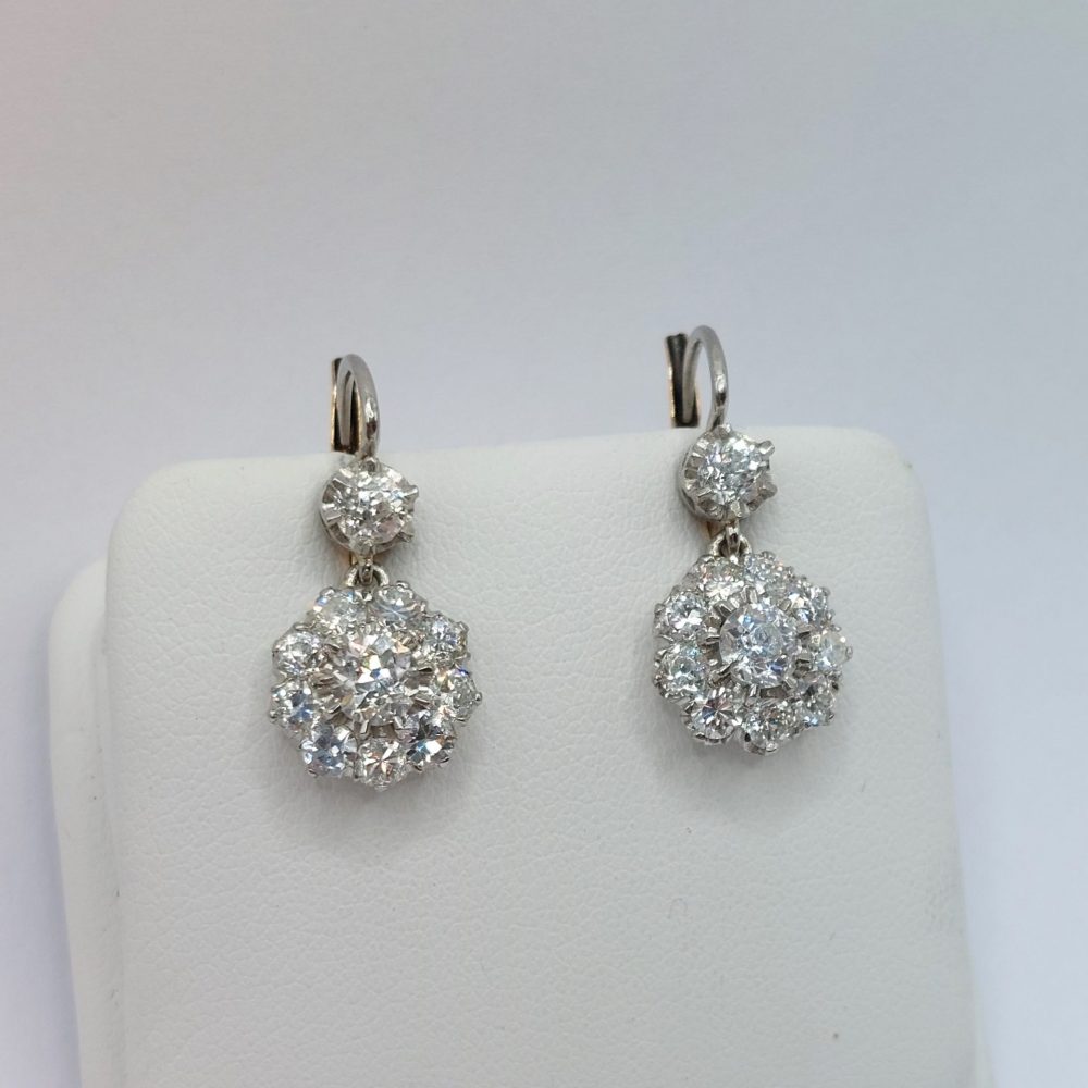 Vintage 3ct Old Cut Diamond Cluster Drop Earrings