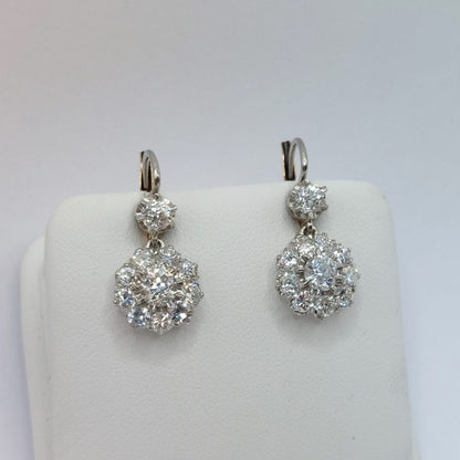 Vintage 3ct Old Cut Diamond Cluster Drop Earrings