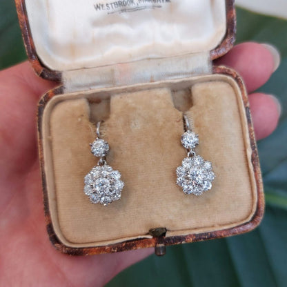 Vintage 3ct Old Cut Diamond Cluster Drop Earrings