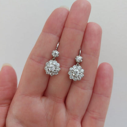 Vintage 3ct Old Cut Diamond Cluster Drop Earrings
