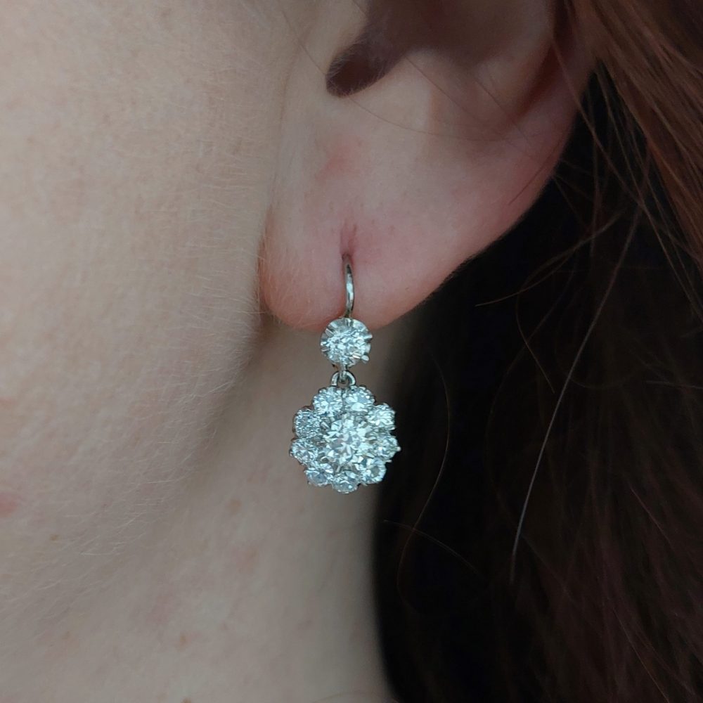 Vintage 3ct Old Cut Diamond Cluster Drop Earrings