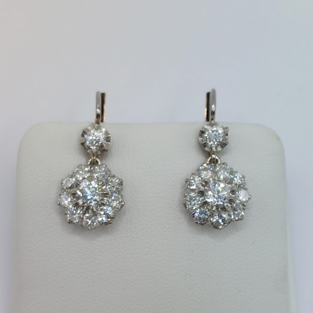 Vintage 3ct Old Cut Diamond Cluster Drop Earrings