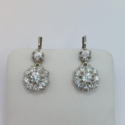 Vintage 3ct Old Cut Diamond Cluster Drop Earrings