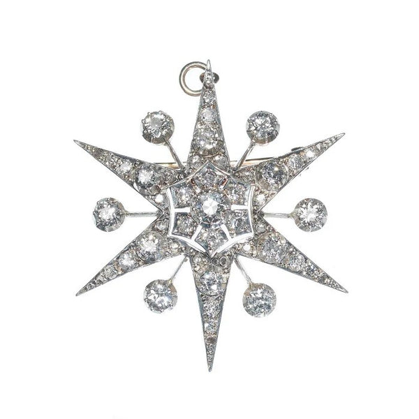 Antique Style Vintage 3ct Old Cut Diamond Star Pendant come Brooch, Set with 3 carats old-cut diamonds in a six-pointed star design with eight-cut and rose-cut diamonds in silver-upon-gold, Circa 1930