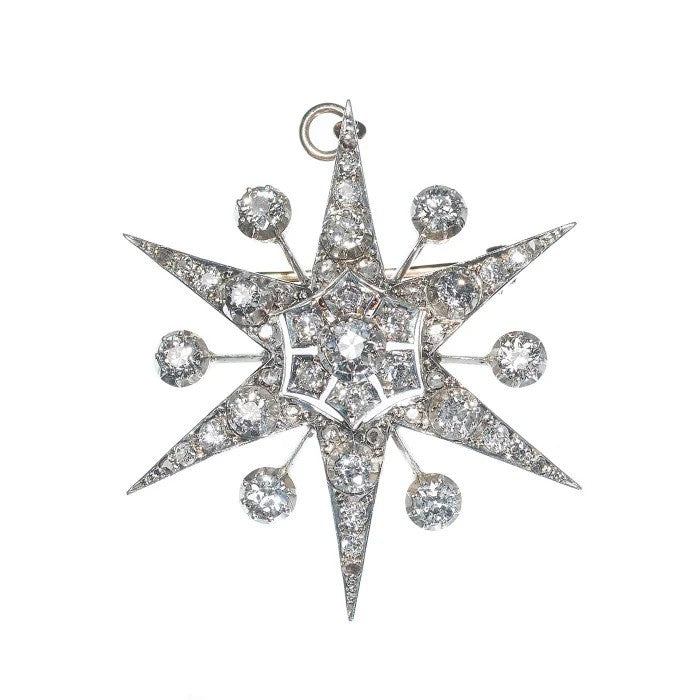 Vintage 3ct Old Cut Diamond Star Pendant Brooch