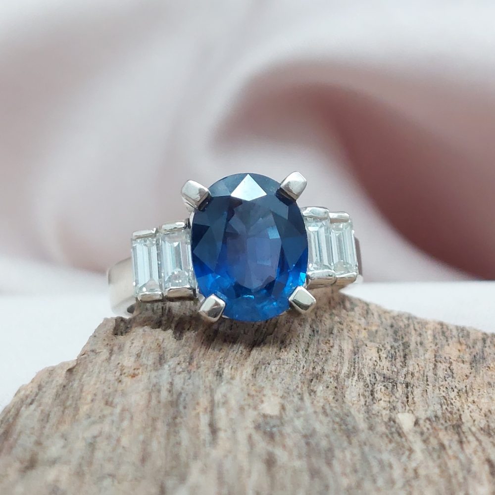 Vintage 4.50ct Sapphire and Baguette Cut Diamond Ring