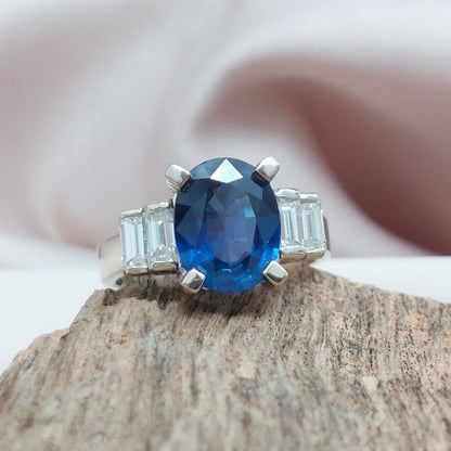 Vintage 4.50ct Sapphire and Baguette Cut Diamond Ring