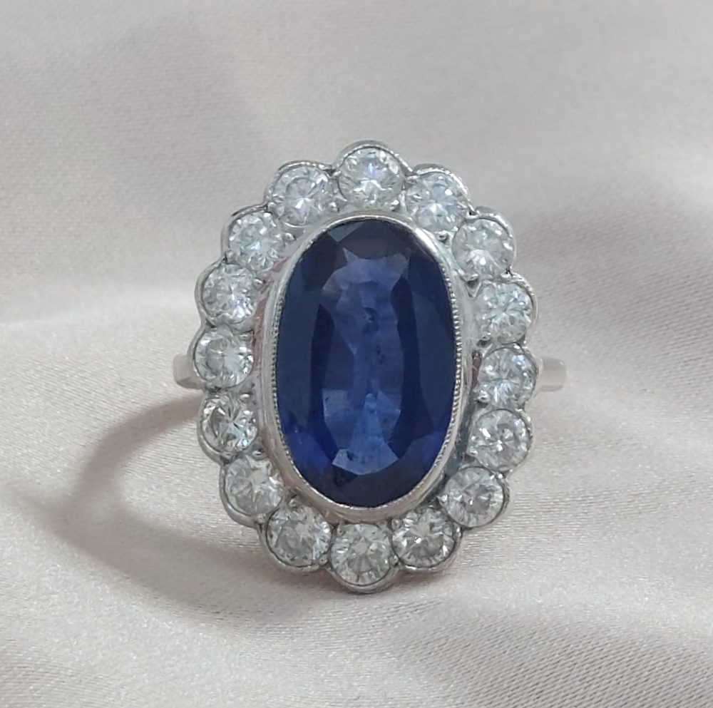 Vintage 4ct Sapphire and Diamond Cluster Ring in 18ct White Gold