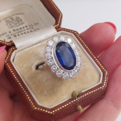 Vintage 4ct Sapphire and Diamond Cluster Ring in 18ct White Gold