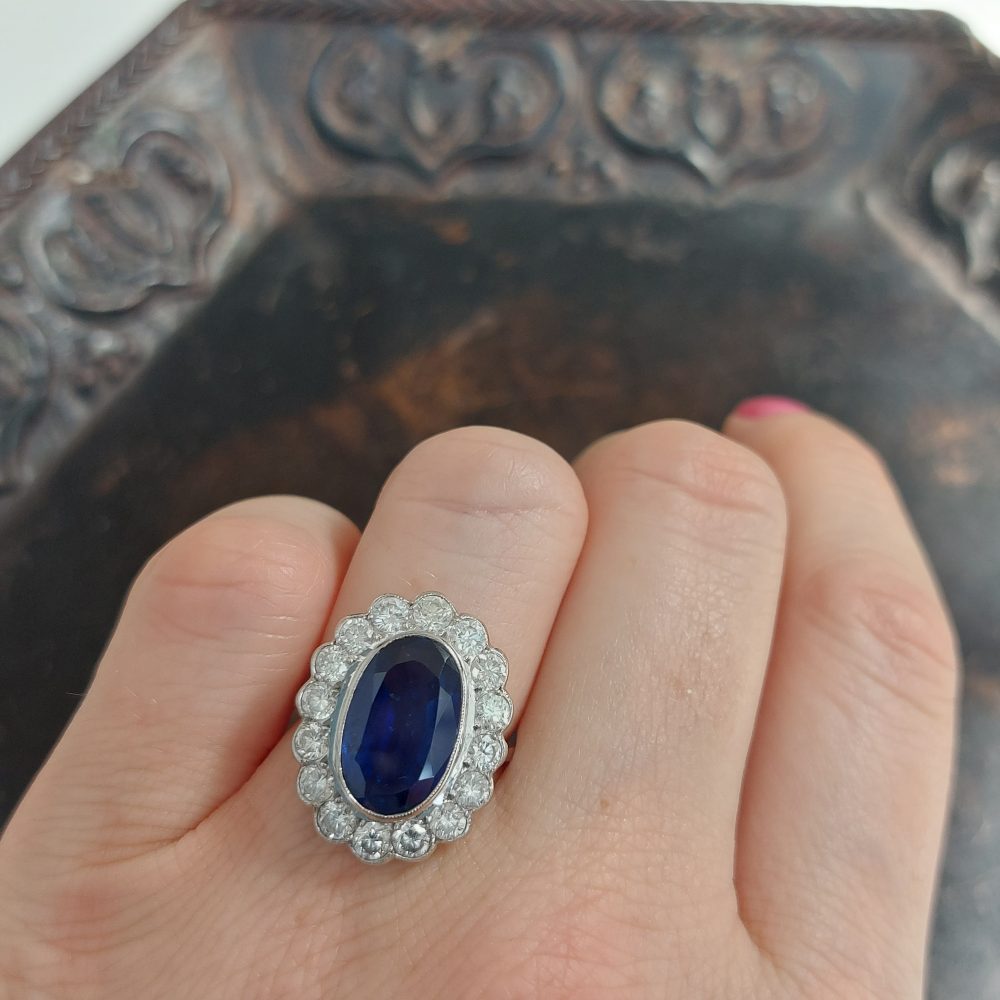 Vintage 4ct Sapphire and Diamond Cluster Ring in 18ct White Gold