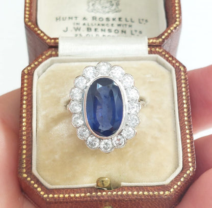 Vintage 4ct Sapphire and Diamond Cluster Ring in 18ct White Gold