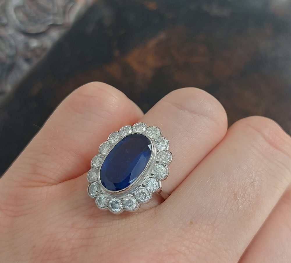 Vintage 4ct Sapphire and Diamond Cluster Ring in 18ct White Gold