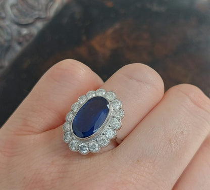Vintage 4ct Sapphire and Diamond Cluster Ring in 18ct White Gold