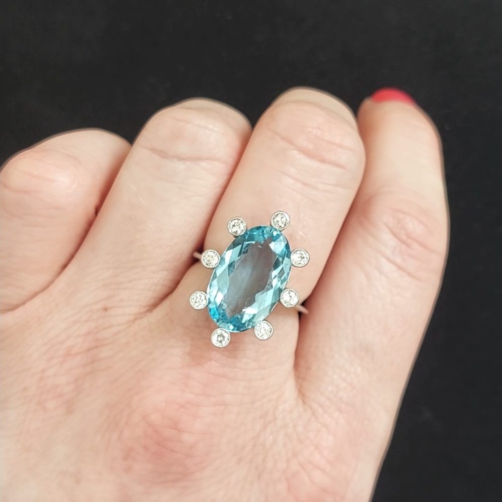 Vintage 5cts Aquamarine and Diamond Ring