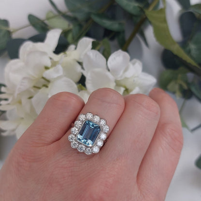 Vintage 8ct Aquamarine and Diamond Cluster Ring