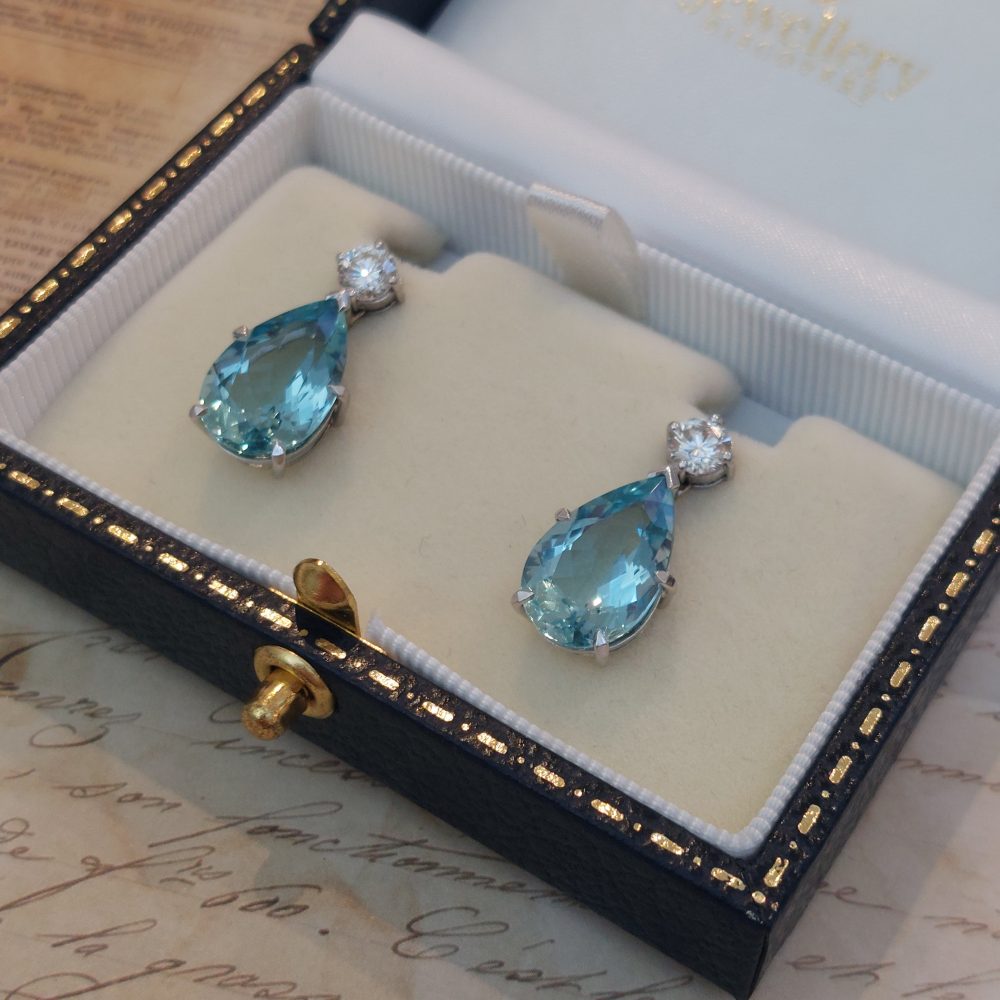 Vintage 8cts Pear Cut Aquamarine and Diamond Drop Earrings