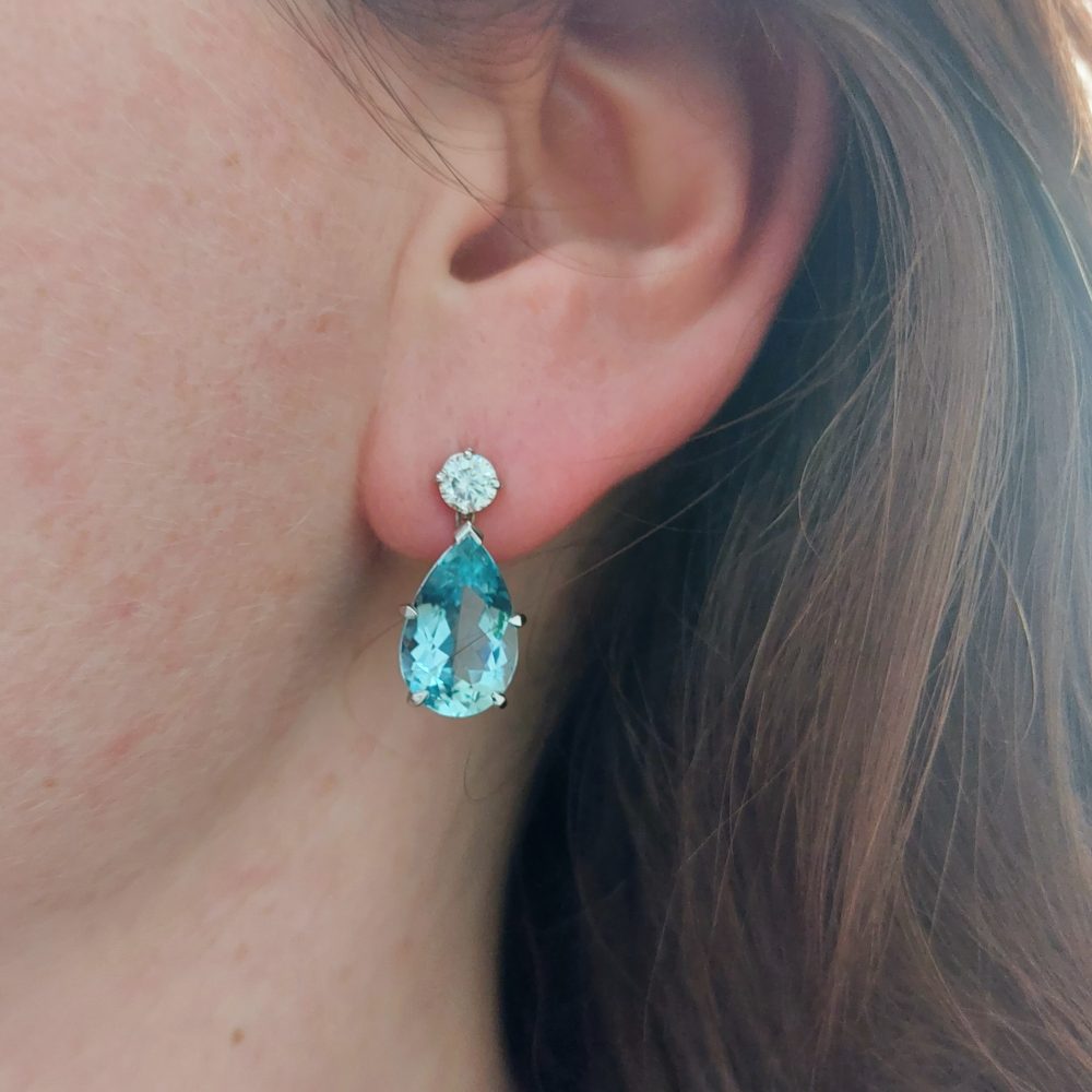 Vintage 8cts Pear Cut Aquamarine and Diamond Drop Earrings