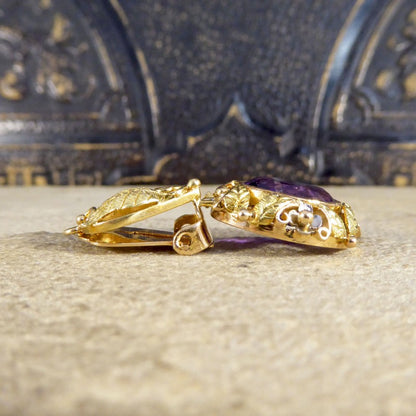 Vintage Amethyst and 14ct Tri-Gold Filigree Clip Earrings, Circa 1950