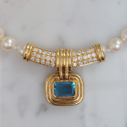 Vintage Aquamarine Diamond and Pearl Necklace
