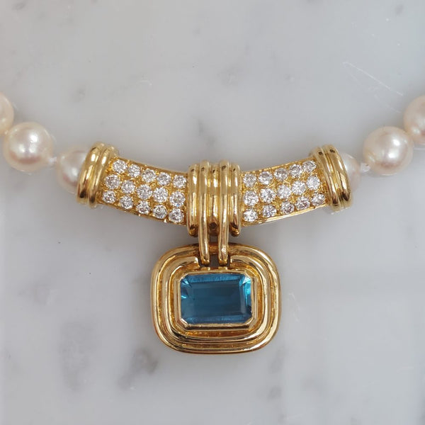 Vintage Aquamarine Diamond and Pearl Necklace