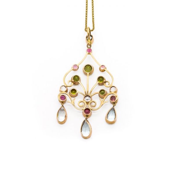 Vintage Aquamarine Peridot Pink Tourmaline Yellow Gold Pendant