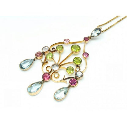 Vintage Aquamarine Peridot Pink Tourmaline Yellow Gold Pendant
