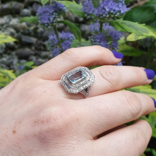 Vintage Aquamarine and Diamond Cluster 18ct Gold Ring